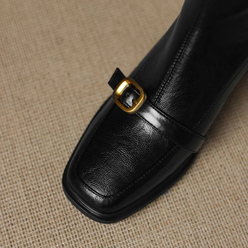 Women's square metal belt buckle retro high heels handmade oversized zipper and calf short Boots