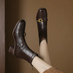 Women's square metal belt buckle retro high heels handmade oversized zipper and calf short Boots