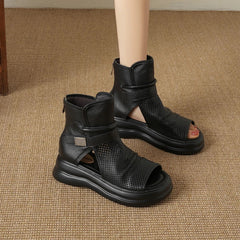 Women's summer leather cowhide lightweight thick soled high-heeled round toe open toe hollow and calf cool Boots