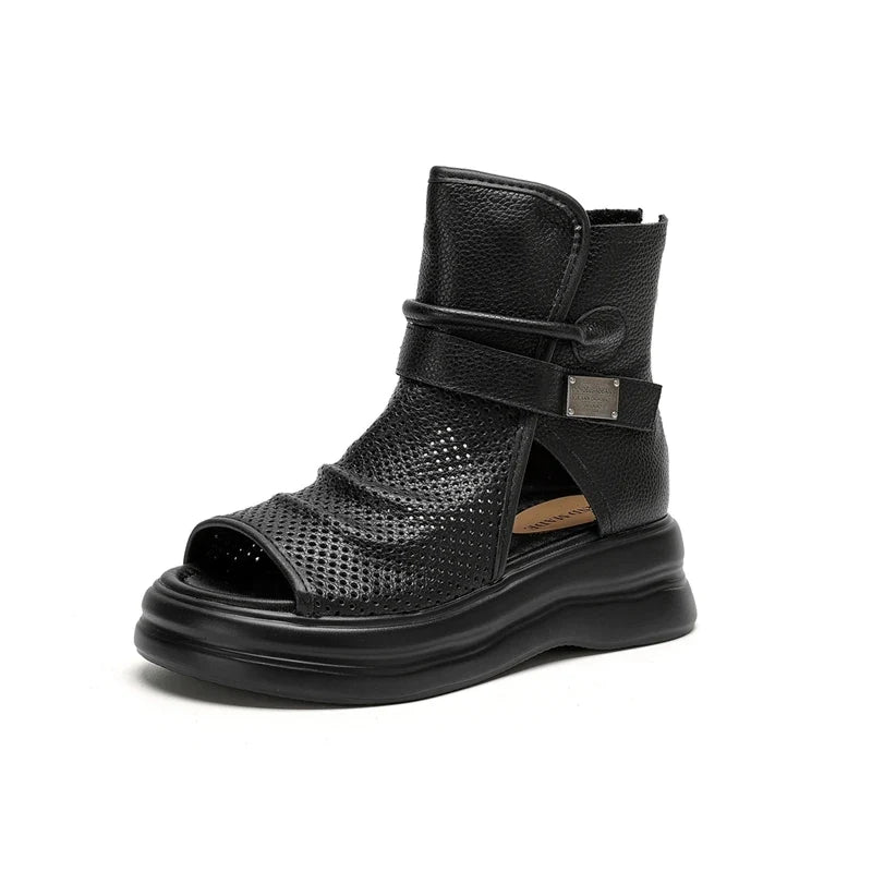 Women's summer leather cowhide lightweight thick soled high-heeled round toe open toe hollow and calf cool Boots