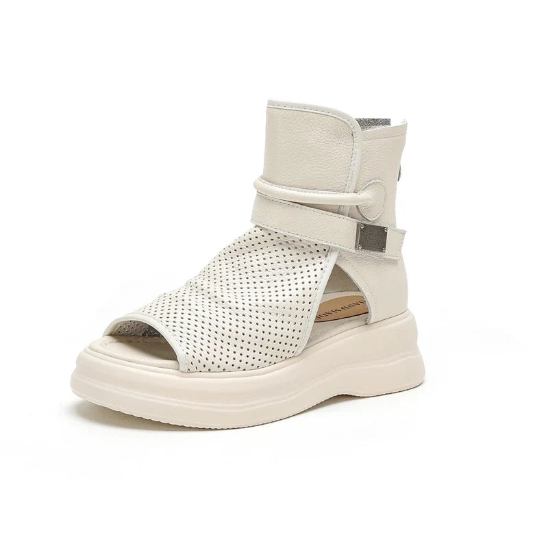 Women's summer leather cowhide lightweight thick soled high-heeled round toe open toe hollow and calf cool Boots