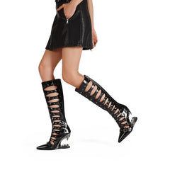 Women's summer pointed metal rivet belt buckle and knee shaped high-heeled hollow breathable long Boots