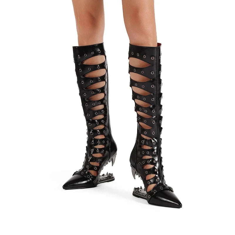 Women's summer pointed metal rivet belt buckle and knee shaped high-heeled hollow breathable long Boots