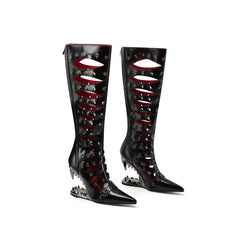 Women's summer pointed metal rivet belt buckle and knee shaped high-heeled hollow breathable long Boots