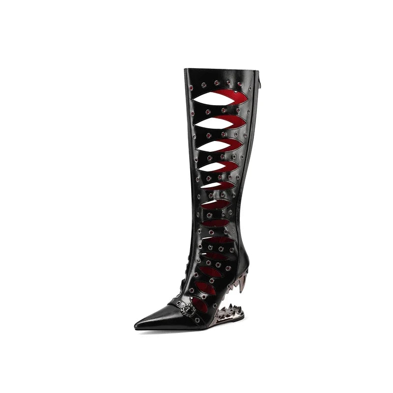Women's summer pointed metal rivet belt buckle and knee shaped high-heeled hollow breathable long Boots