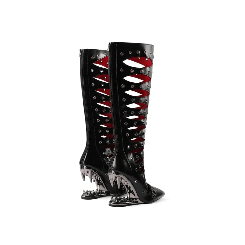 Women's summer pointed metal rivet belt buckle and knee shaped high-heeled hollow breathable long Boots