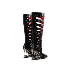 Women's summer pointed metal rivet belt buckle and knee shaped high-heeled hollow breathable long Boots