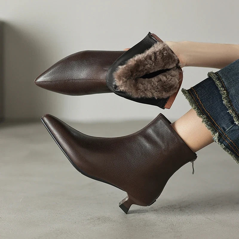 Women's winter genuine leather sheepskin warm lamb hair pointed toe mid heel plus