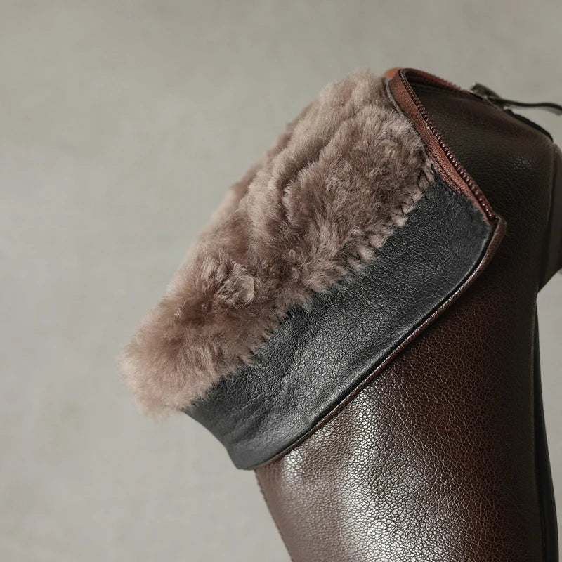 Women's winter genuine leather sheepskin warm lamb hair pointed toe mid heel plus