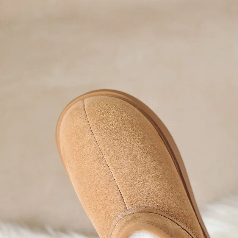 Women's winter leather cow suede warm long hair round head and calf mid heel thick soled snow Boots