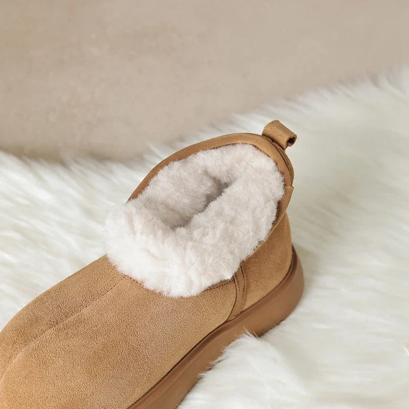 Women's winter leather cow suede warm long hair round head and calf mid heel thick soled snow Boots