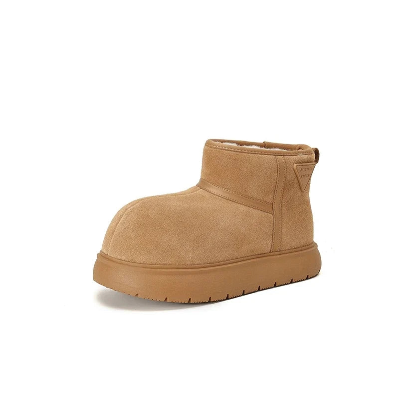 Women's winter leather cow suede warm long hair round head and calf mid heel thick soled snow Boots