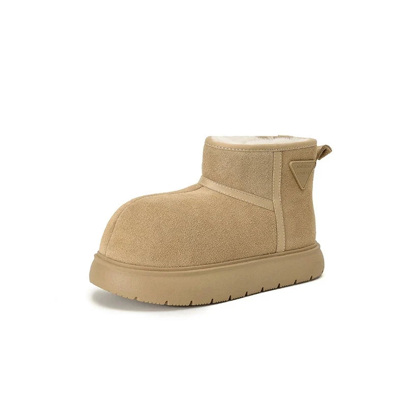 Women's winter leather cow suede warm long hair round head and calf mid heel thick soled snow Boots