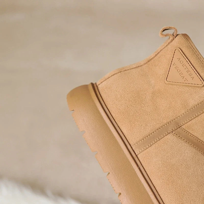 Women's winter leather cow suede warm long hair round head and calf mid heel thick soled snow Boots