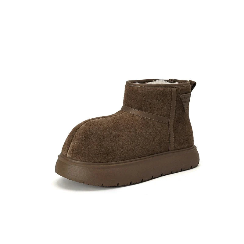Women's winter leather cow suede warm long hair round head and calf mid heel thick soled snow Boots