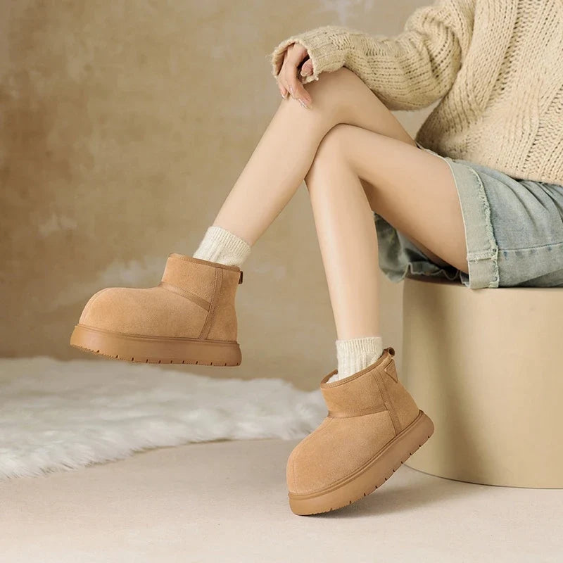 Women's winter leather cow suede warm long hair round head and calf mid heel thick soled snow Boots