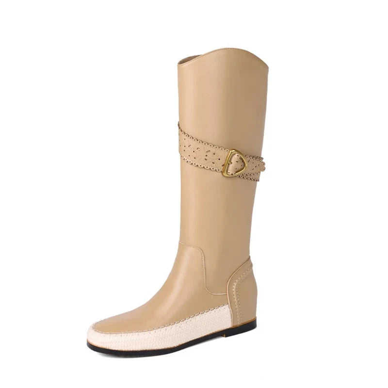 Women's winter leather cowhide metal belt buckle mid heel plus plus round toe and knee Boots