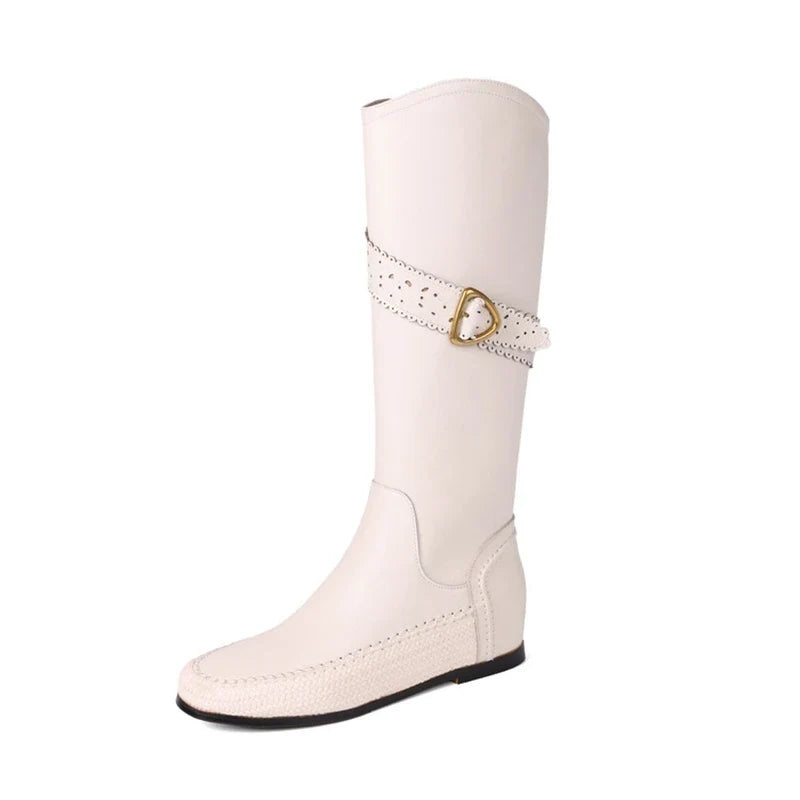 Women's winter leather cowhide metal belt buckle mid heel plus plus round toe and knee Boots