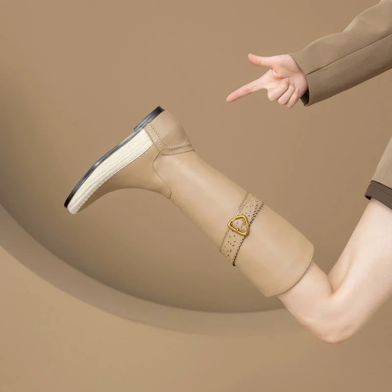 Women's winter leather cowhide metal belt buckle mid heel plus plus round toe and knee Boots