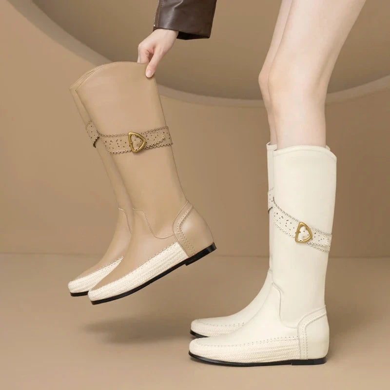 Women's winter leather cowhide metal belt buckle mid heel plus plus round toe and knee Boots