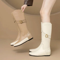 Women's winter leather cowhide metal belt buckle mid heel plus plus round toe and knee Boots