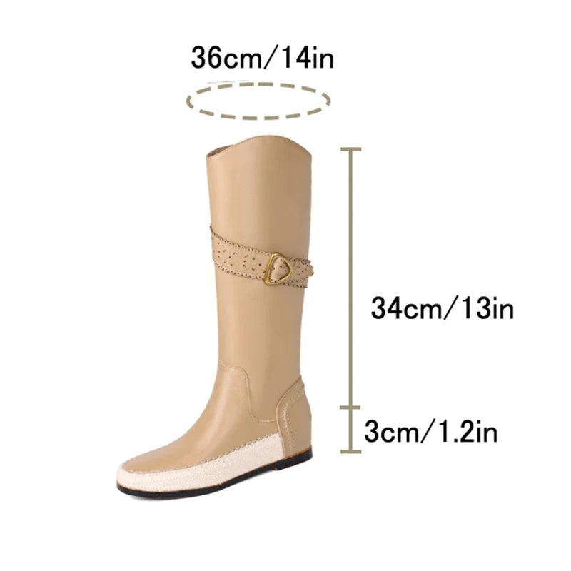 Women's winter leather cowhide metal belt buckle mid heel plus plus round toe and knee Boots