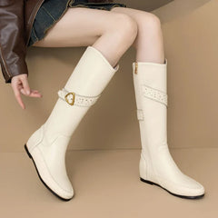 Women's winter leather cowhide metal belt buckle mid heel plus plus round toe and knee Boots
