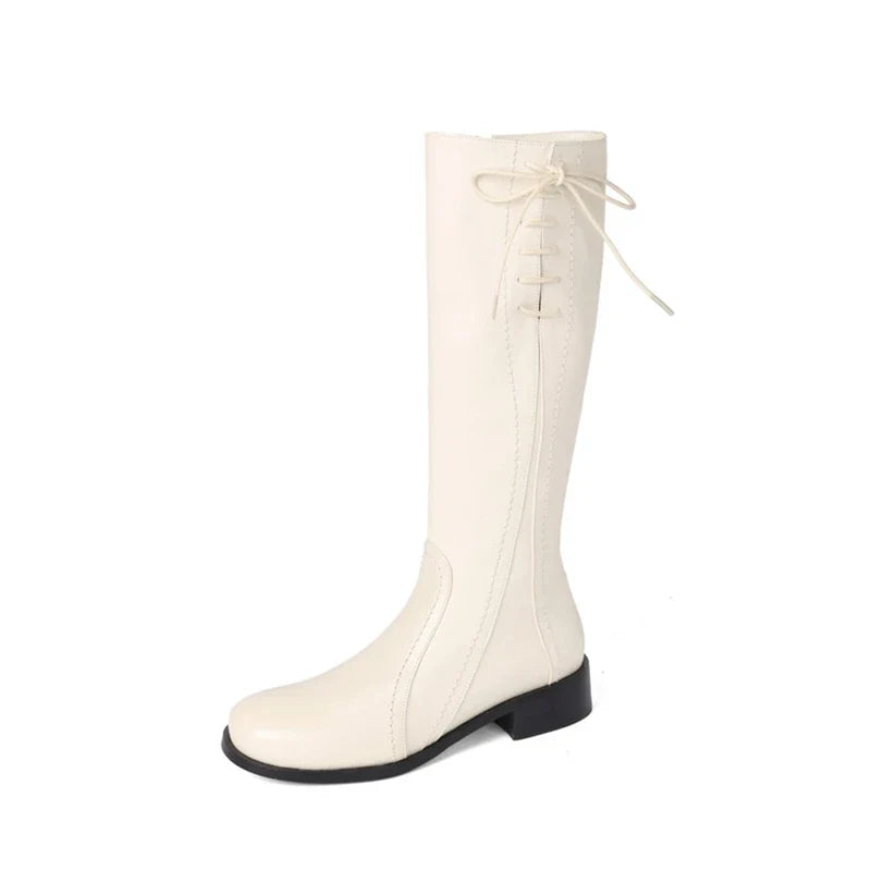 Women's winter leather cowhide side zipper elastic mid heel plus large round toe and knee Boots