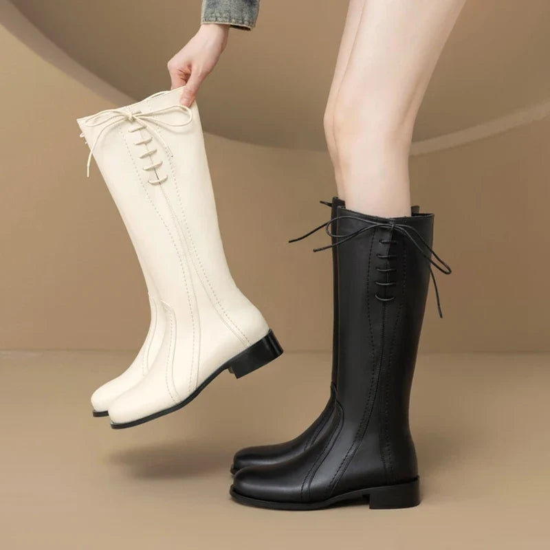 Women's winter leather cowhide side zipper elastic mid heel plus large round toe and knee Boots