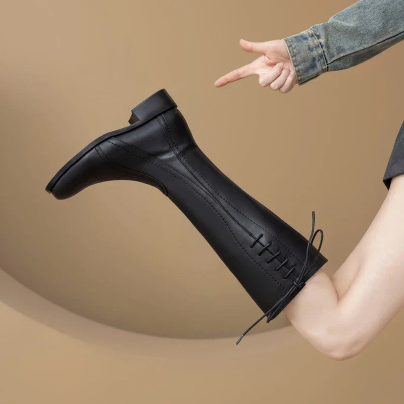 Women's winter leather cowhide side zipper elastic mid heel plus large round toe and knee Boots