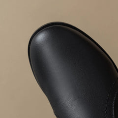 Women's winter leather cowhide side zipper elastic mid heel plus large round toe and knee Boots
