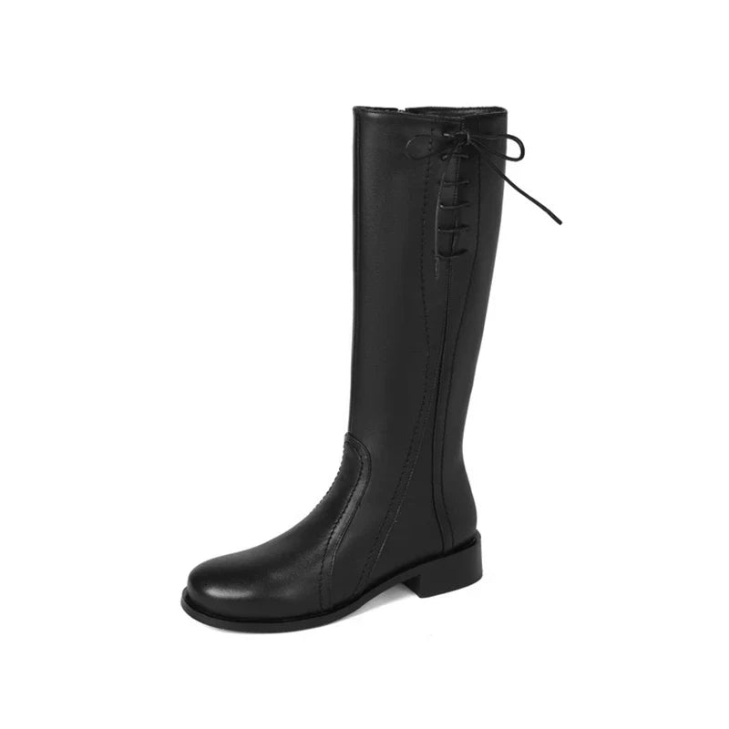 Women's winter leather cowhide side zipper elastic mid heel plus large round toe and knee Boots