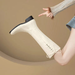 Women's winter leather cowhide side zipper elastic mid heel plus large round toe and knee Boots