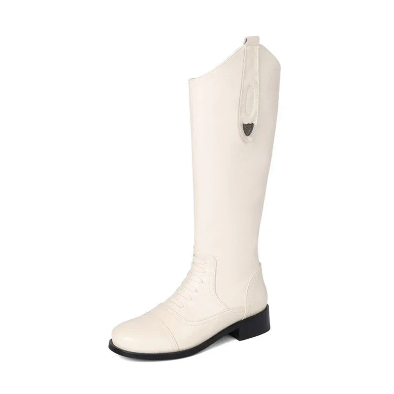 Women's winter leather cowhide side zipper lace up mid heel plus plus round toe and knee Boots
