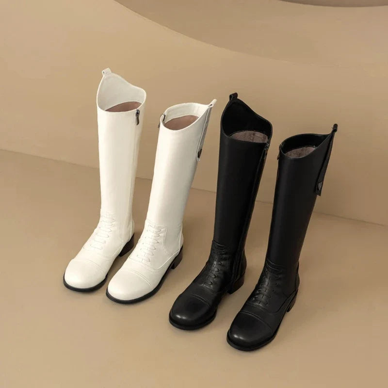 Women's winter leather cowhide side zipper lace up mid heel plus plus round toe and knee Boots