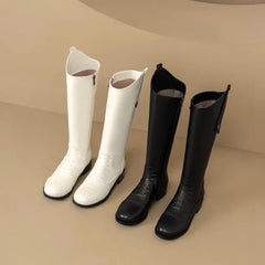 Women's winter leather cowhide side zipper lace up mid heel plus plus round toe and knee Boots