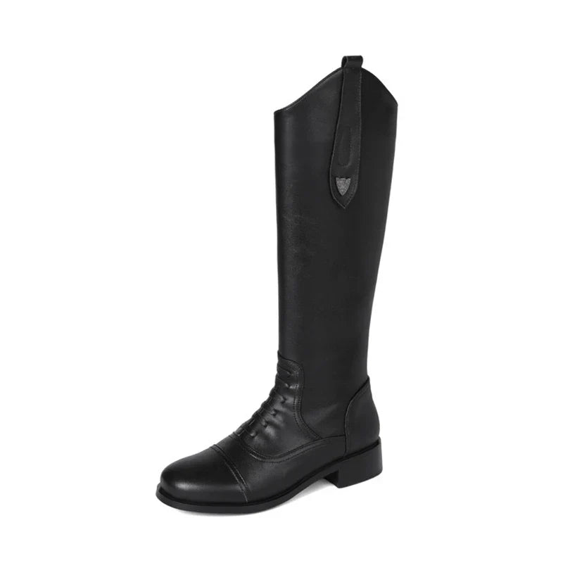 Women's winter leather cowhide side zipper lace up mid heel plus plus round toe and knee Boots