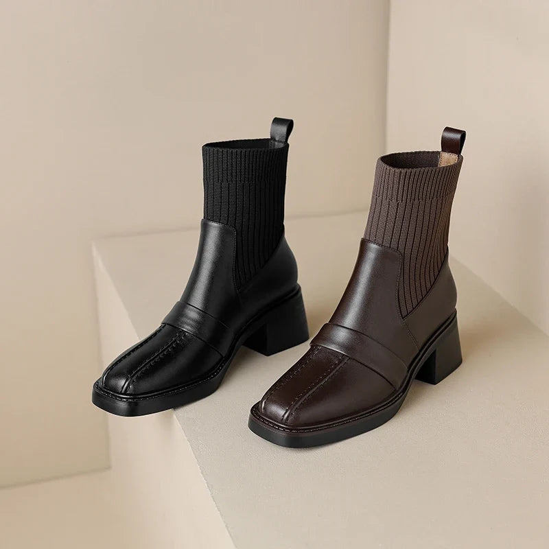Women's winter leather cowhide square toe high-heeled thick soled retro and calf Chelsea short Boots