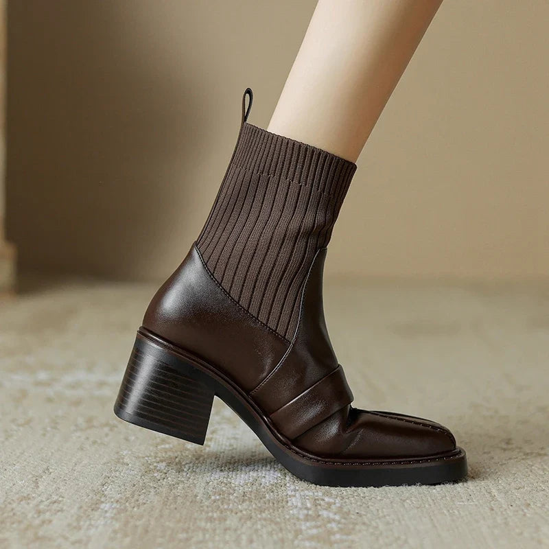 Women's winter leather cowhide square toe high-heeled thick soled retro and calf Chelsea short Boots