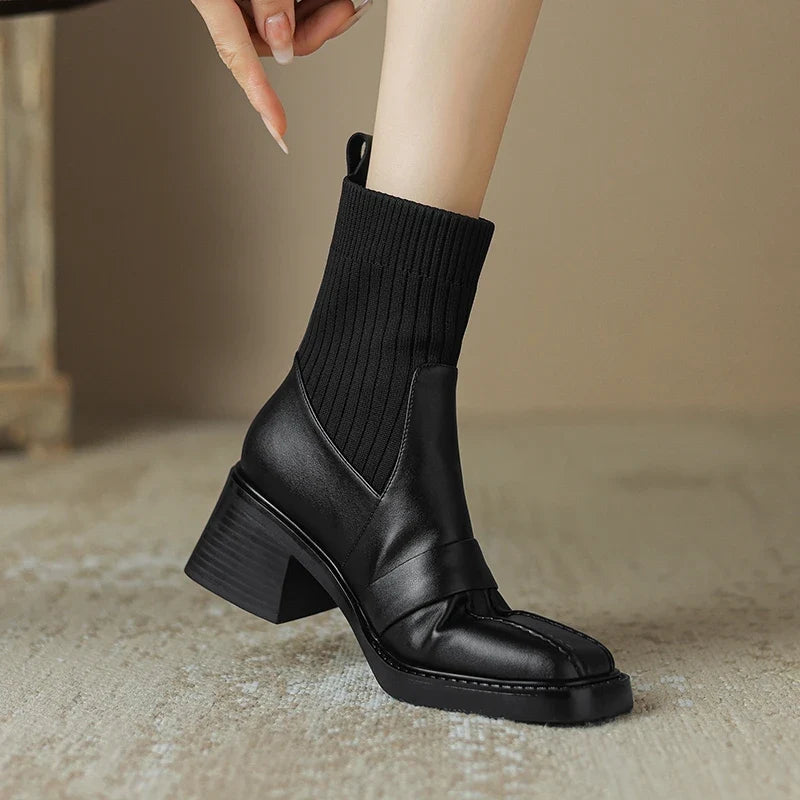 Women's winter leather cowhide square toe high-heeled thick soled retro and calf Chelsea short Boots
