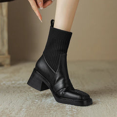 Women's winter leather cowhide square toe high-heeled thick soled retro and calf Chelsea short Boots
