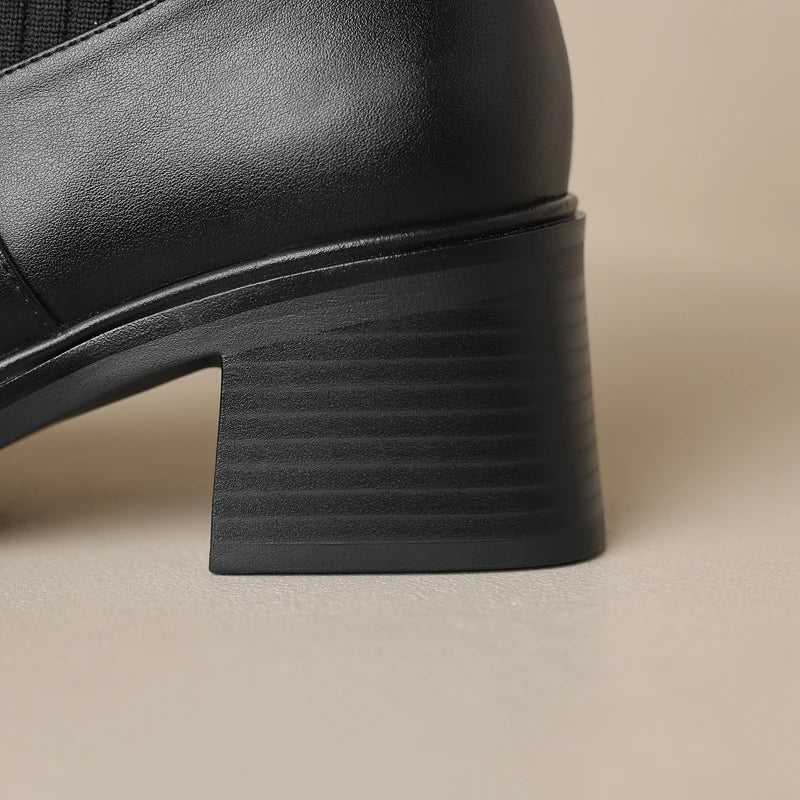 Women's winter leather cowhide square toe high-heeled thick soled retro and calf Chelsea short Boots