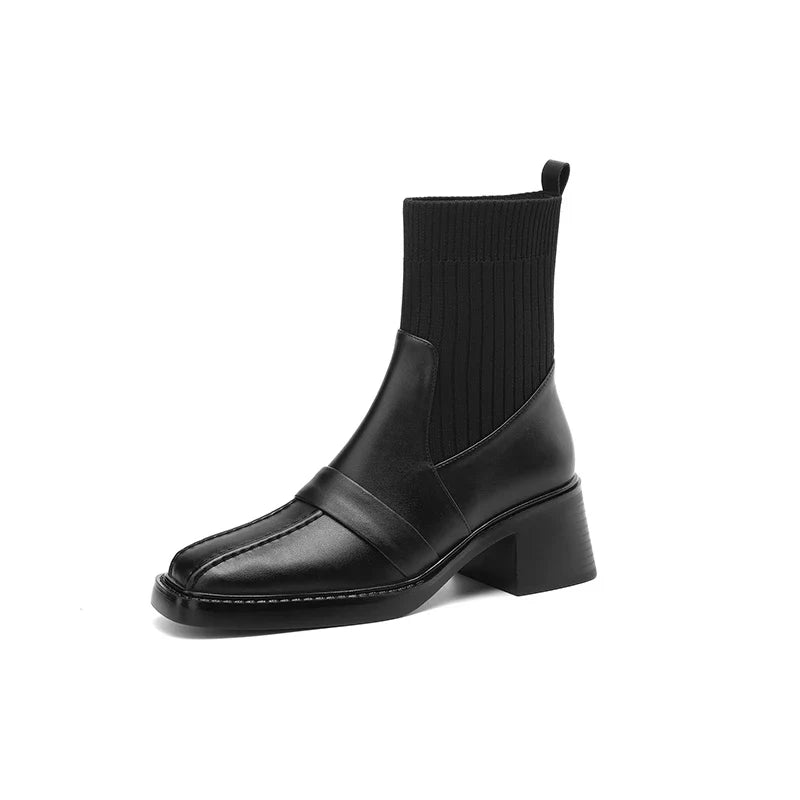 Women's winter leather cowhide square toe high-heeled thick soled retro and calf Chelsea short Boots
