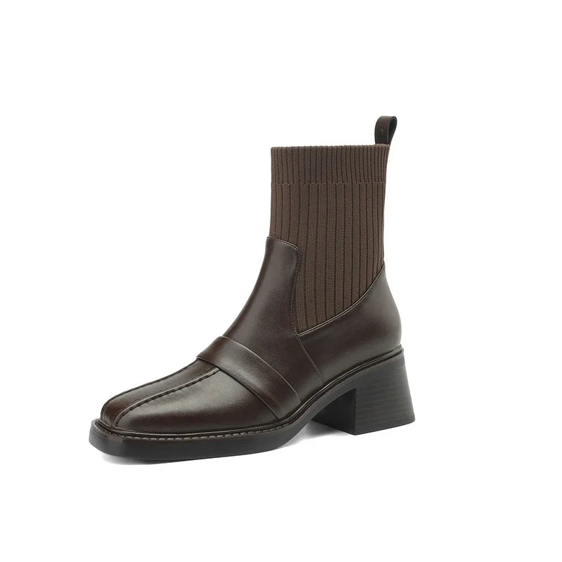 Women's winter leather cowhide square toe high-heeled thick soled retro and calf Chelsea short Boots