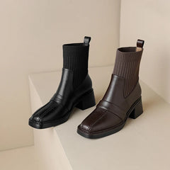 Women's winter leather cowhide square toe high-heeled thick soled retro and calf Chelsea short Boots