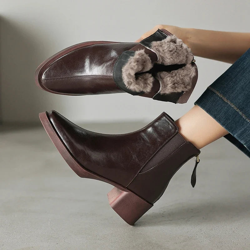 Women's winter leather cowhide warm lamb wool round toe high-heeled plus