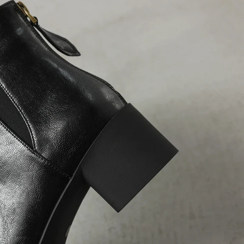 Women's winter leather cowhide warm lamb wool round toe high-heeled plus