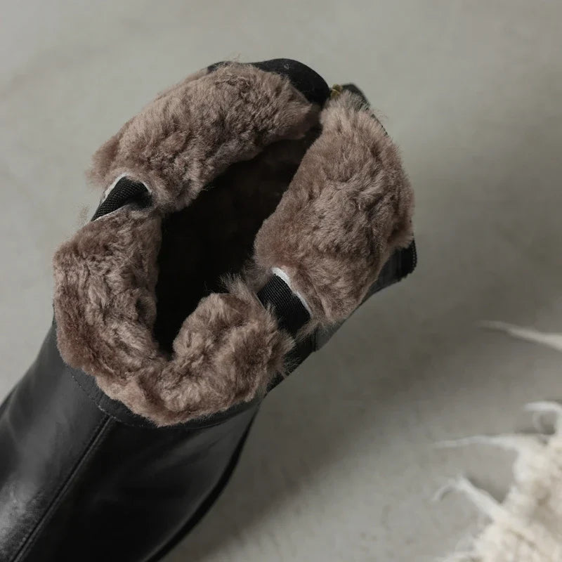 Women's winter leather cowhide warm lamb wool round toe high-heeled plus