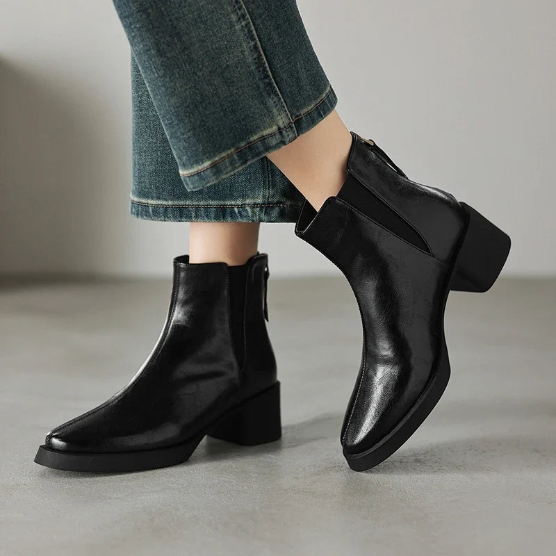 Women's winter leather cowhide warm lamb wool round toe high-heeled plus