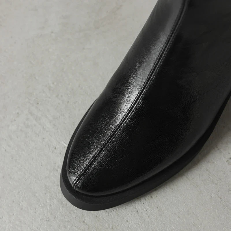 Women's winter leather cowhide warm lamb wool round toe high-heeled plus